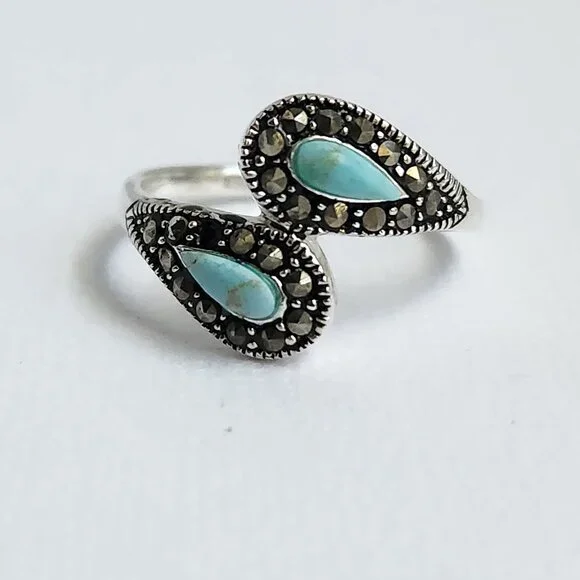 1990's Signed 925 Silver Classic Turquoise & Marcasite Ring Size 7 - Picture 10 of 12